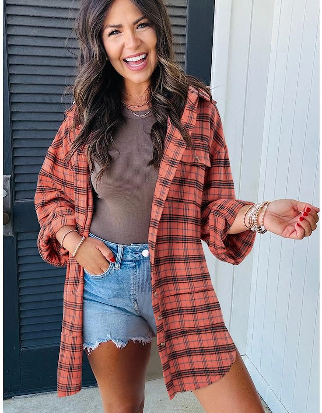 Red Plaid Long Sleeeve Side Split Distressed Hem Shirt