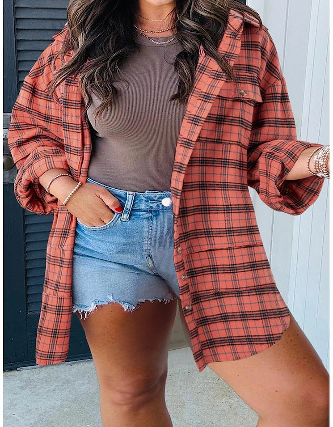 Red Plaid Long Sleeeve Side Split Distressed Hem Shirt, 6 of 5