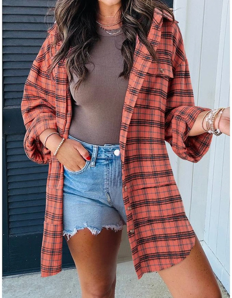 Red Plaid Long Sleeeve Side Split Distressed Hem Shirt