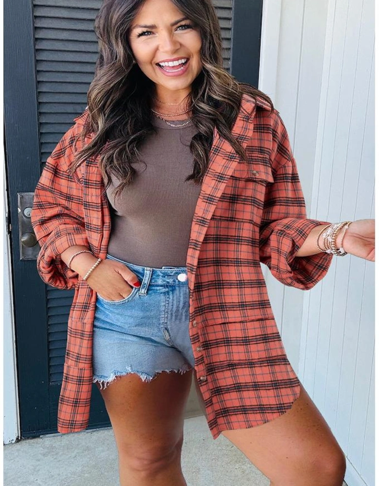 Red Plaid Long Sleeeve Side Split Distressed Hem Shirt