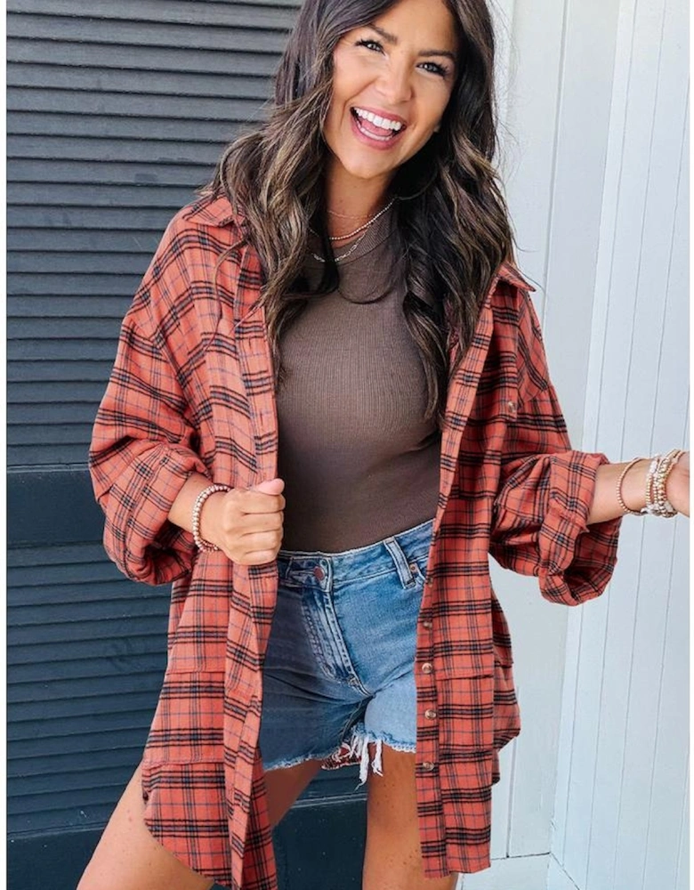 Red Plaid Long Sleeeve Side Split Distressed Hem Shirt