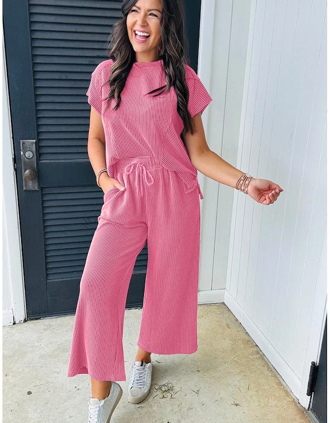 Bright Pink Solid Corded Knit Short Sleeve T Shirt and Wide Leg Pants Set