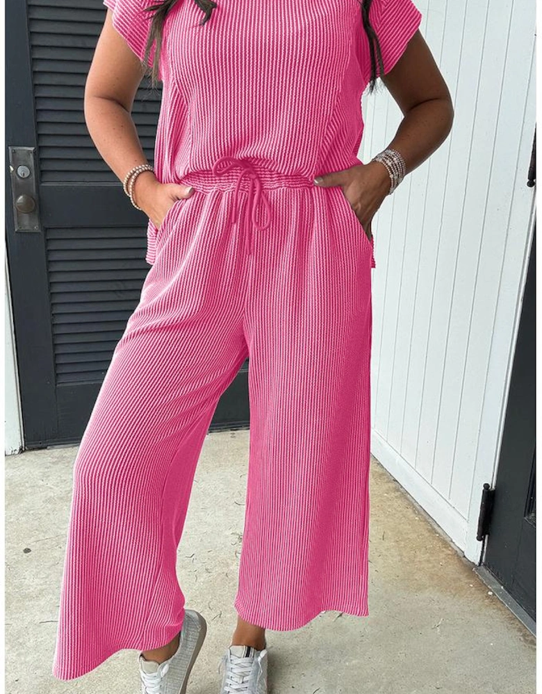 Bright Pink Solid Corded Knit Short Sleeve T Shirt and Wide Leg Pants Set