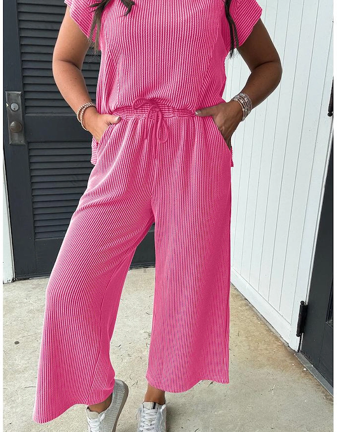 Bright Pink Solid Corded Knit Short Sleeve T Shirt and Wide Leg Pants Set