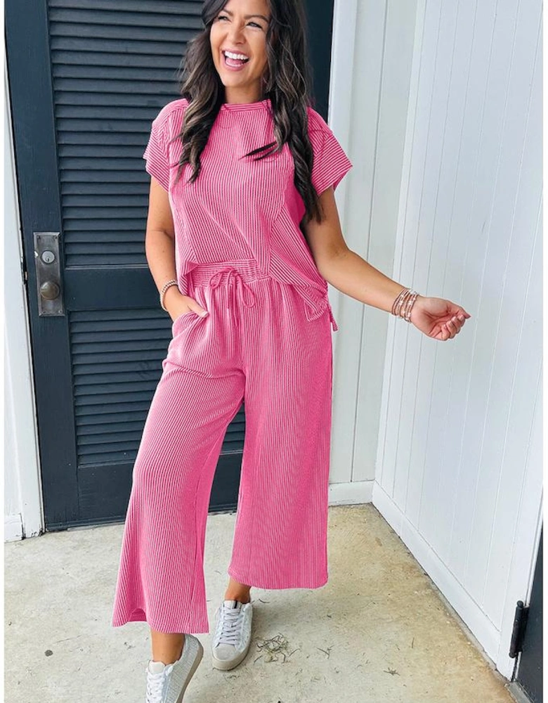 Bright Pink Solid Corded Knit Short Sleeve T Shirt and Wide Leg Pants Set