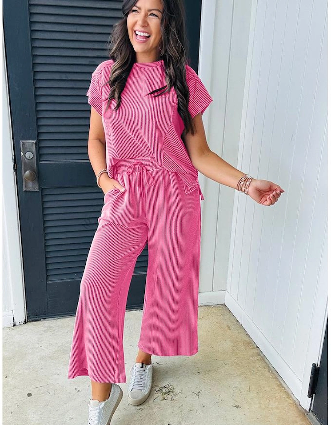 Bright Pink Solid Corded Knit Short Sleeve T Shirt and Wide Leg Pants Set