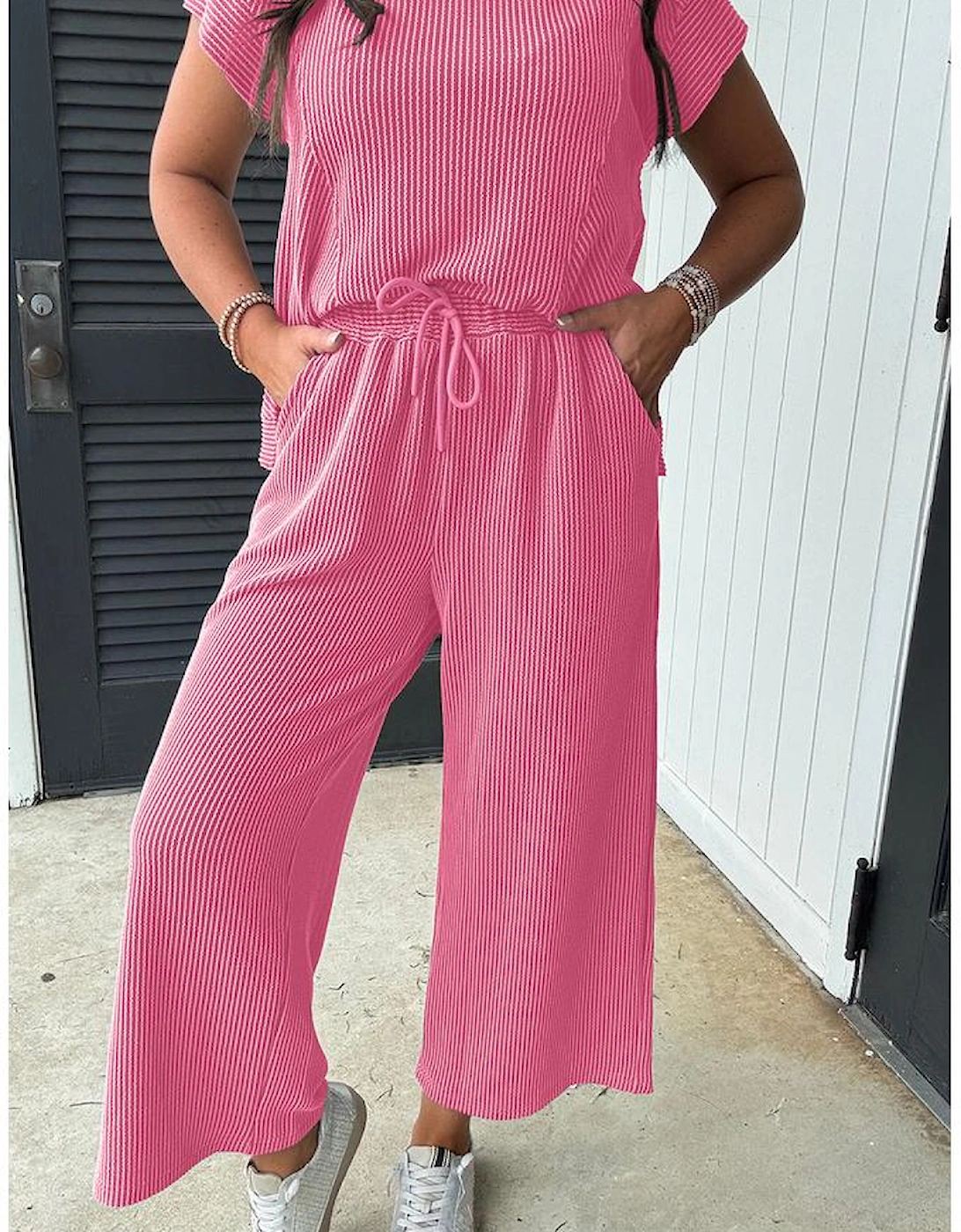 Bright Pink Solid Corded Knit Short Sleeve T Shirt and Wide Leg Pants Set