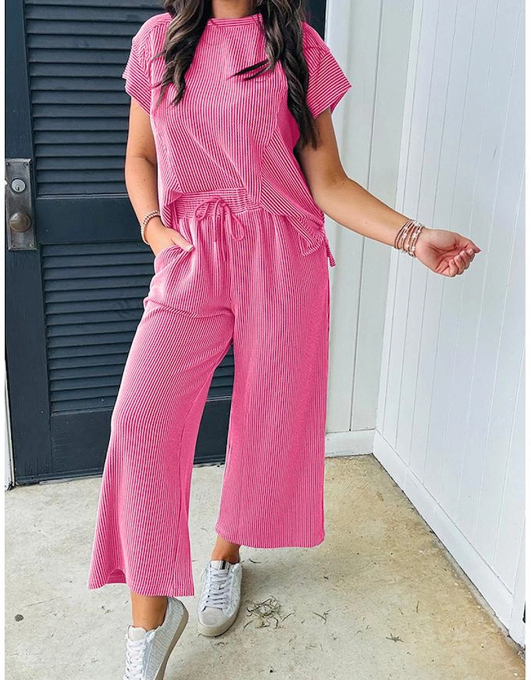 Bright Pink Solid Corded Knit Short Sleeve T Shirt and Wide Leg Pants Set, 10 of 9
