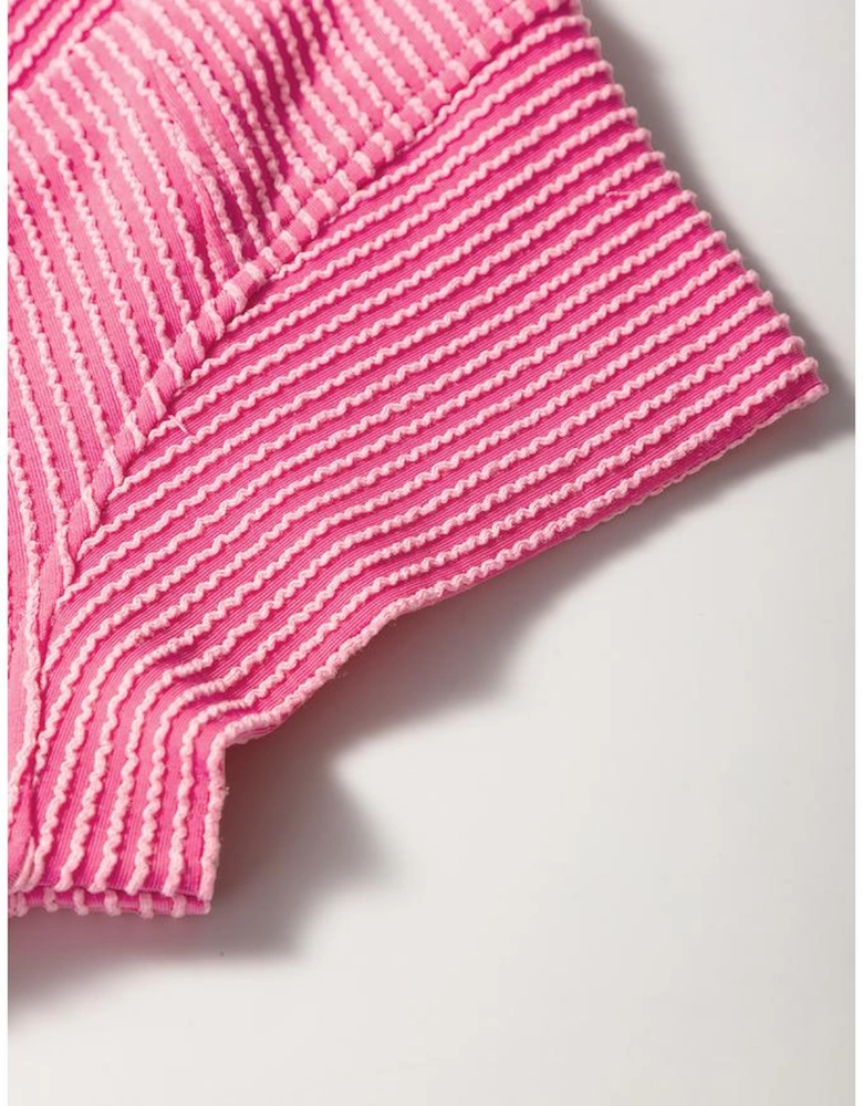 Bright Pink Solid Corded Knit Short Sleeve T Shirt and Wide Leg Pants Set