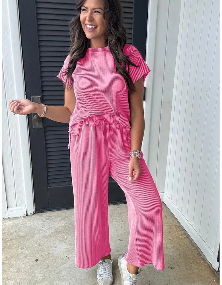 Bright Pink Solid Corded Knit Short Sleeve T Shirt and Wide Leg Pants Set