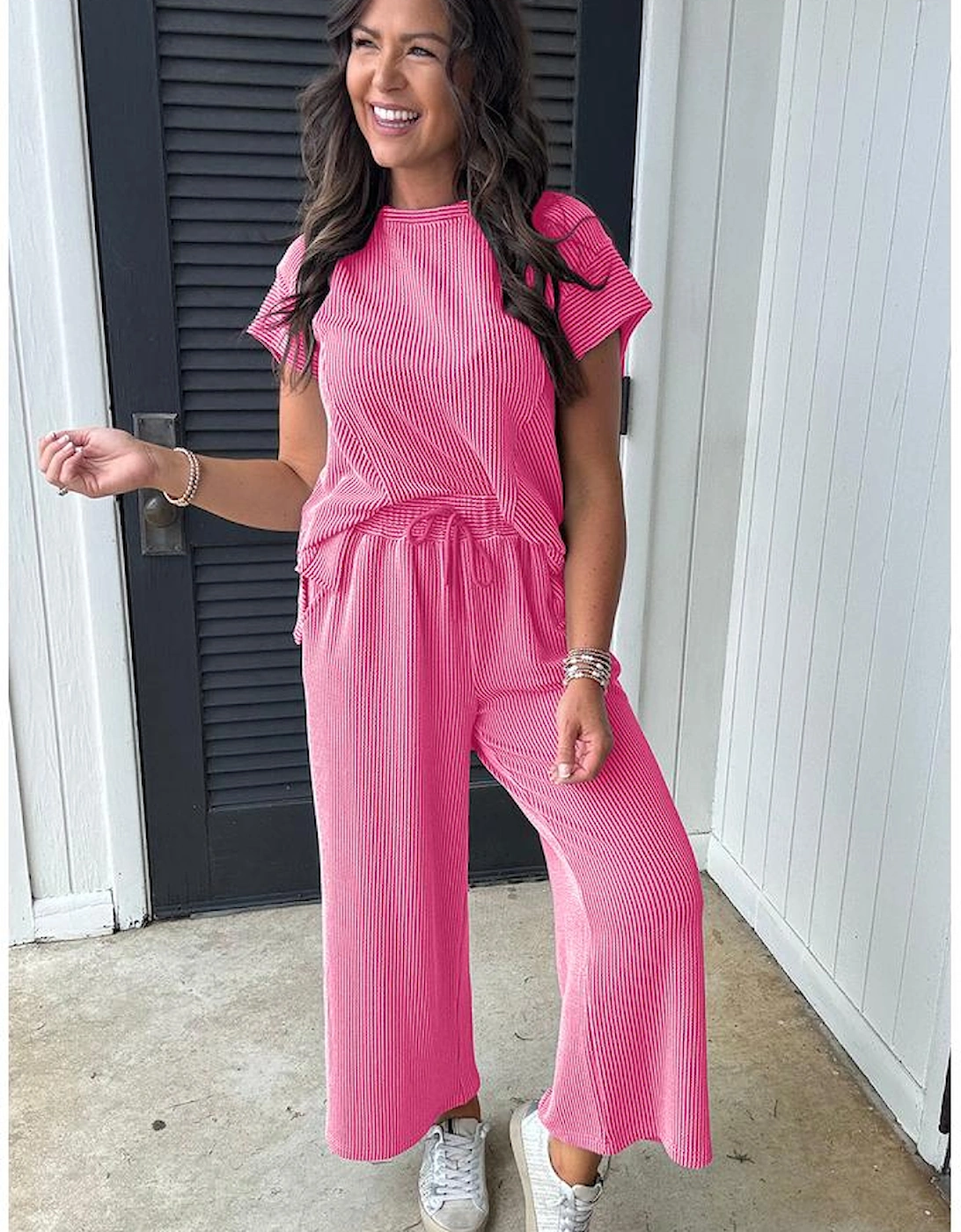 Bright Pink Solid Corded Knit Short Sleeve T Shirt and Wide Leg Pants Set