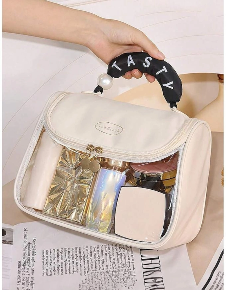 Beige TASTY Print Handle Inside Pocket Clear Makeup Bag