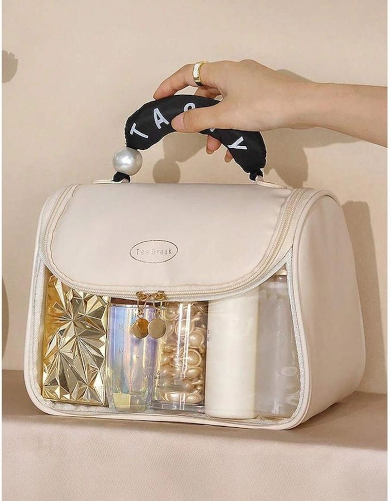 Beige TASTY Print Handle Inside Pocket Clear Makeup Bag