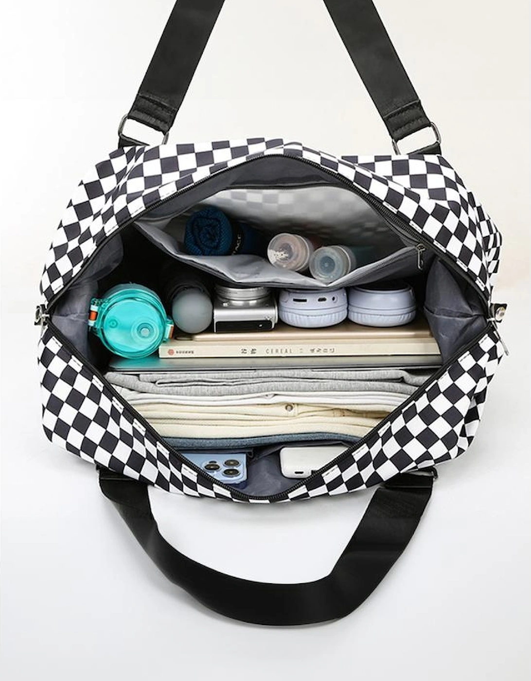 Black Checkered Print Large Capacity Tote Bag