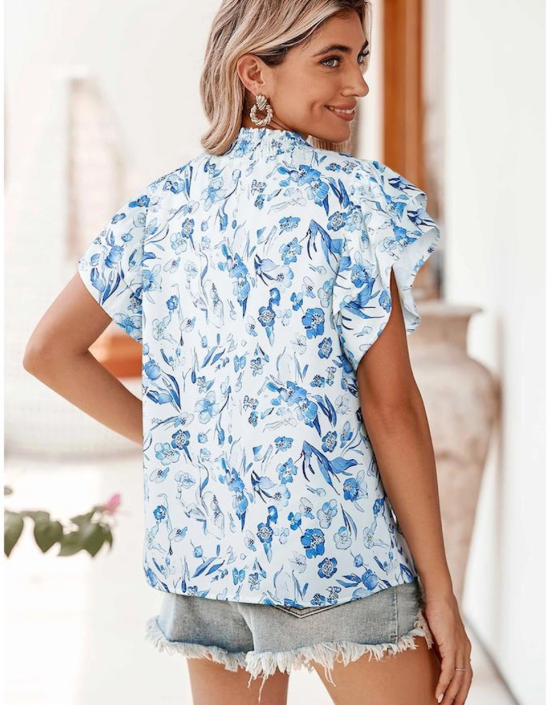 Sky Blue Floral Print Ruffled Short Sleeve Blouse, 12 of 11