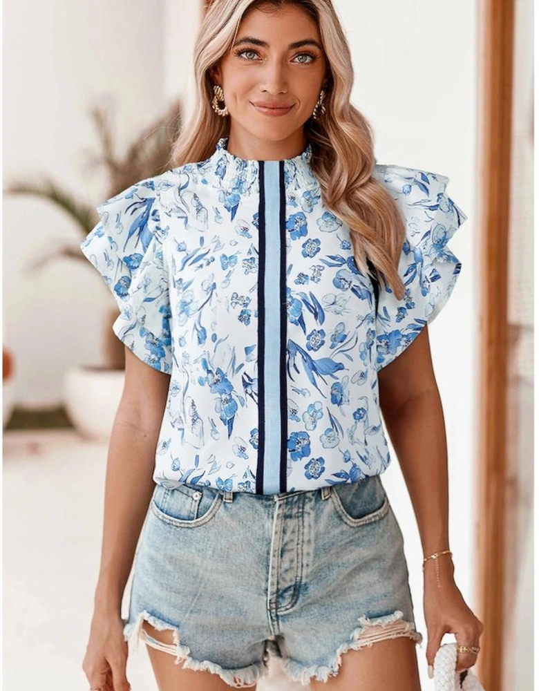 Sky Blue Floral Print Ruffled Short Sleeve Blouse