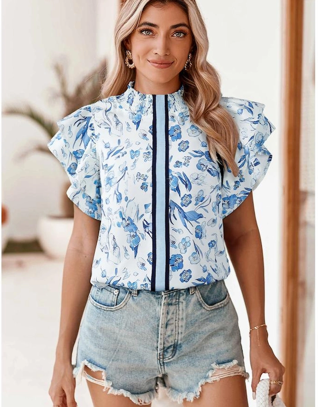 Sky Blue Floral Print Ruffled Short Sleeve Blouse