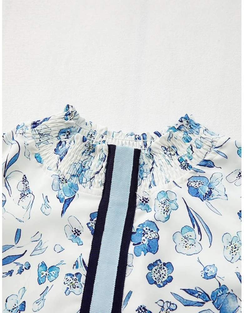 Sky Blue Floral Print Ruffled Short Sleeve Blouse