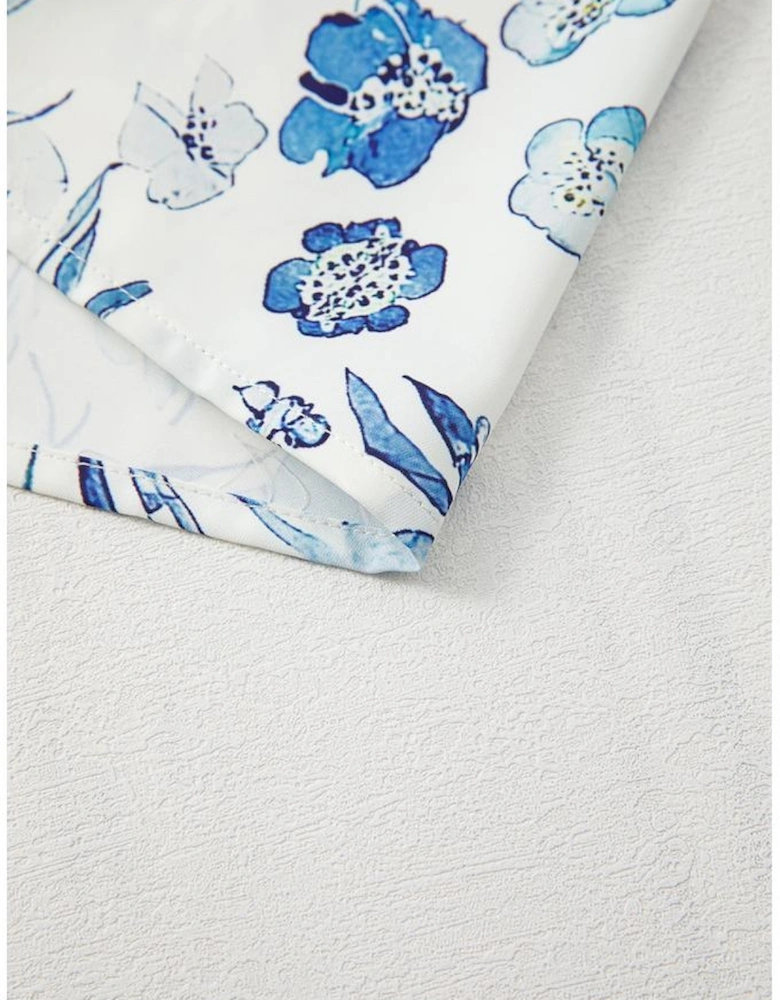 Sky Blue Floral Print Ruffled Short Sleeve Blouse