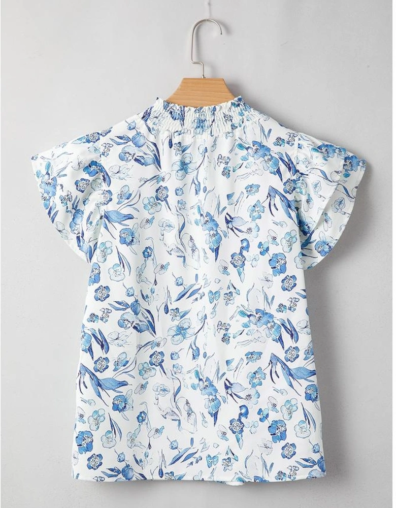 Sky Blue Floral Print Ruffled Short Sleeve Blouse