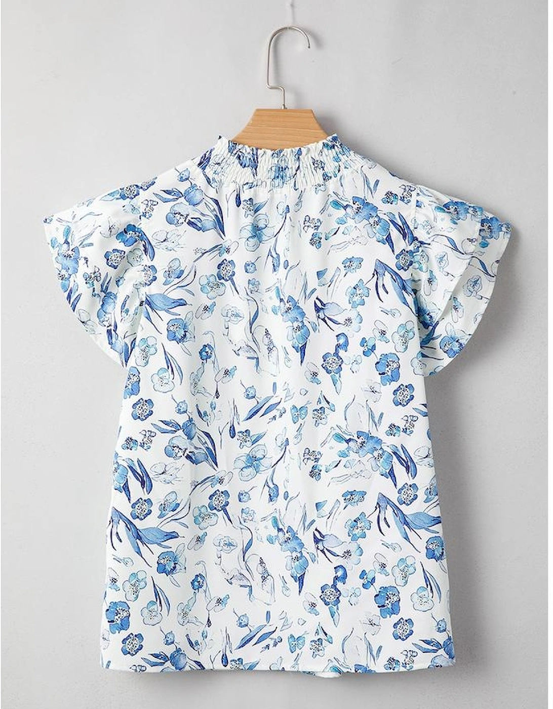 Sky Blue Floral Print Ruffled Short Sleeve Blouse