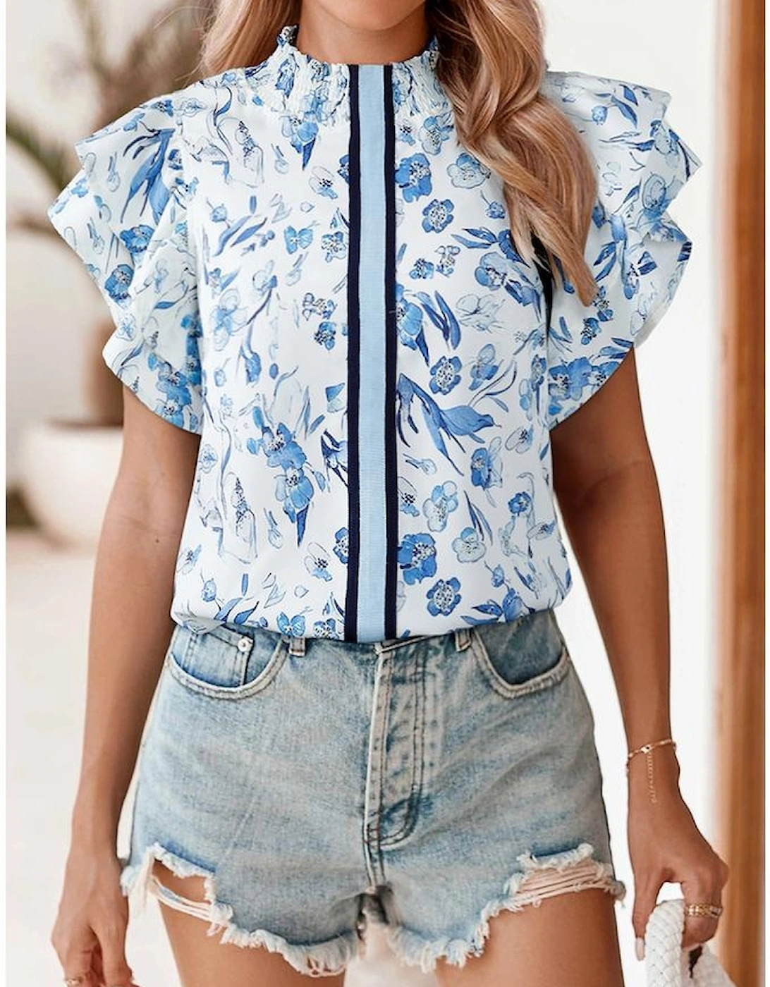 Sky Blue Floral Print Ruffled Short Sleeve Blouse