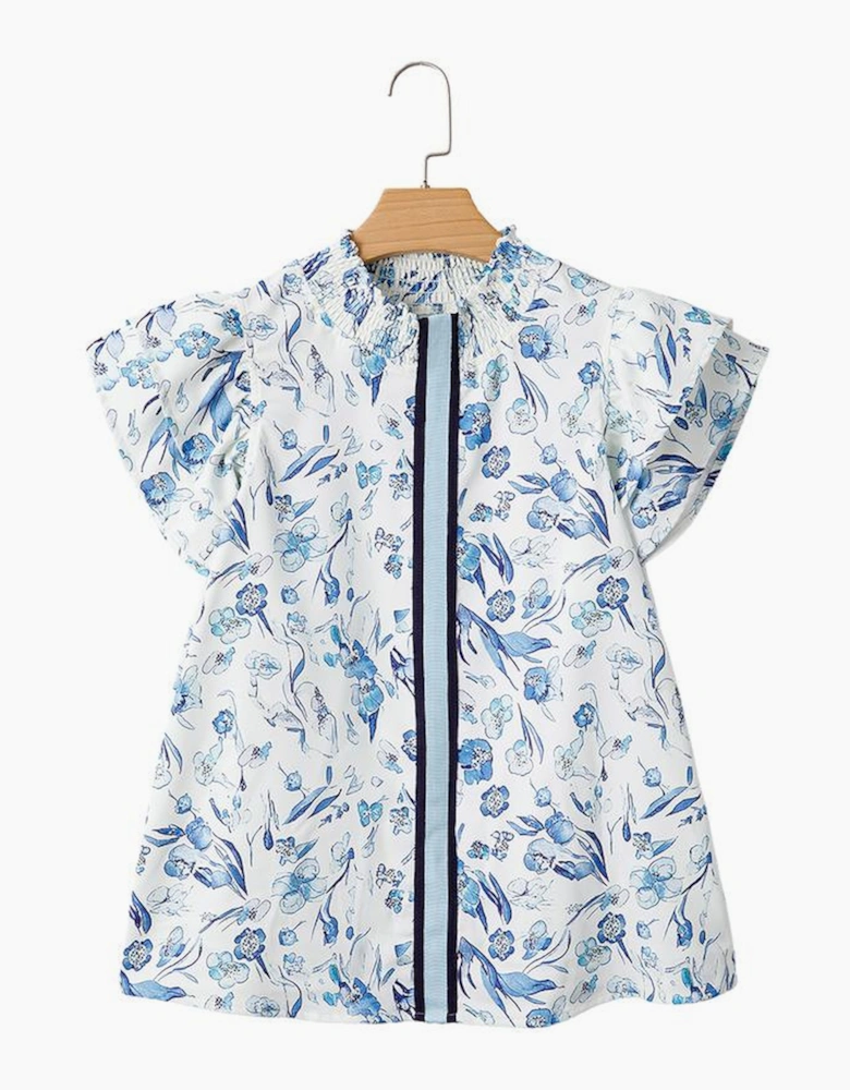 Sky Blue Floral Print Ruffled Short Sleeve Blouse
