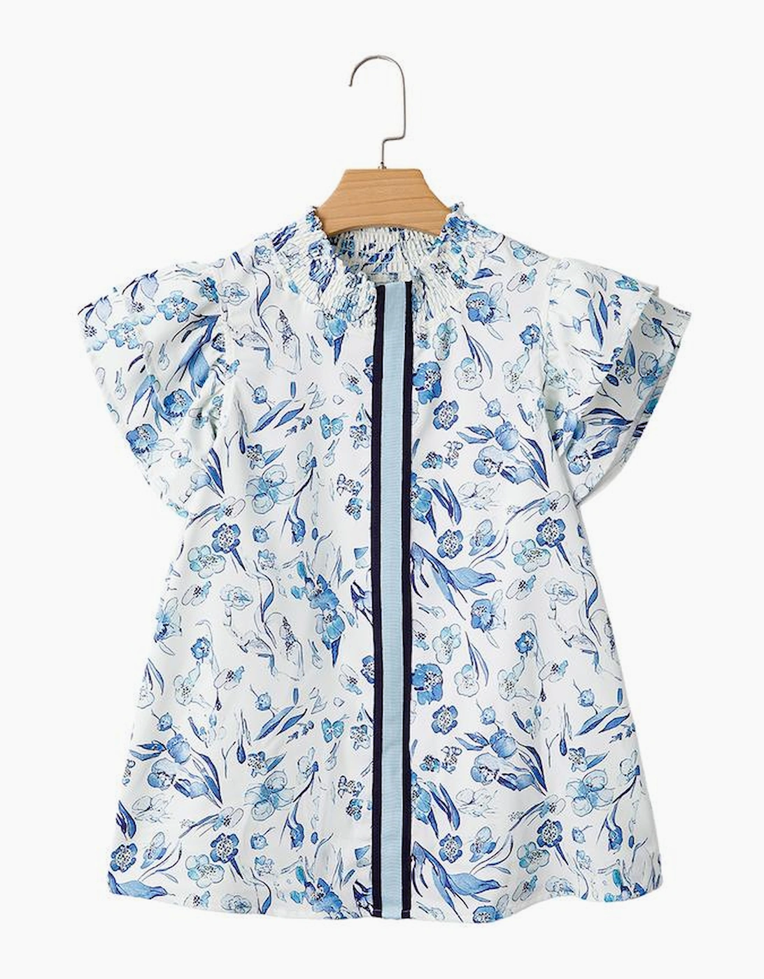 Sky Blue Floral Print Ruffled Short Sleeve Blouse