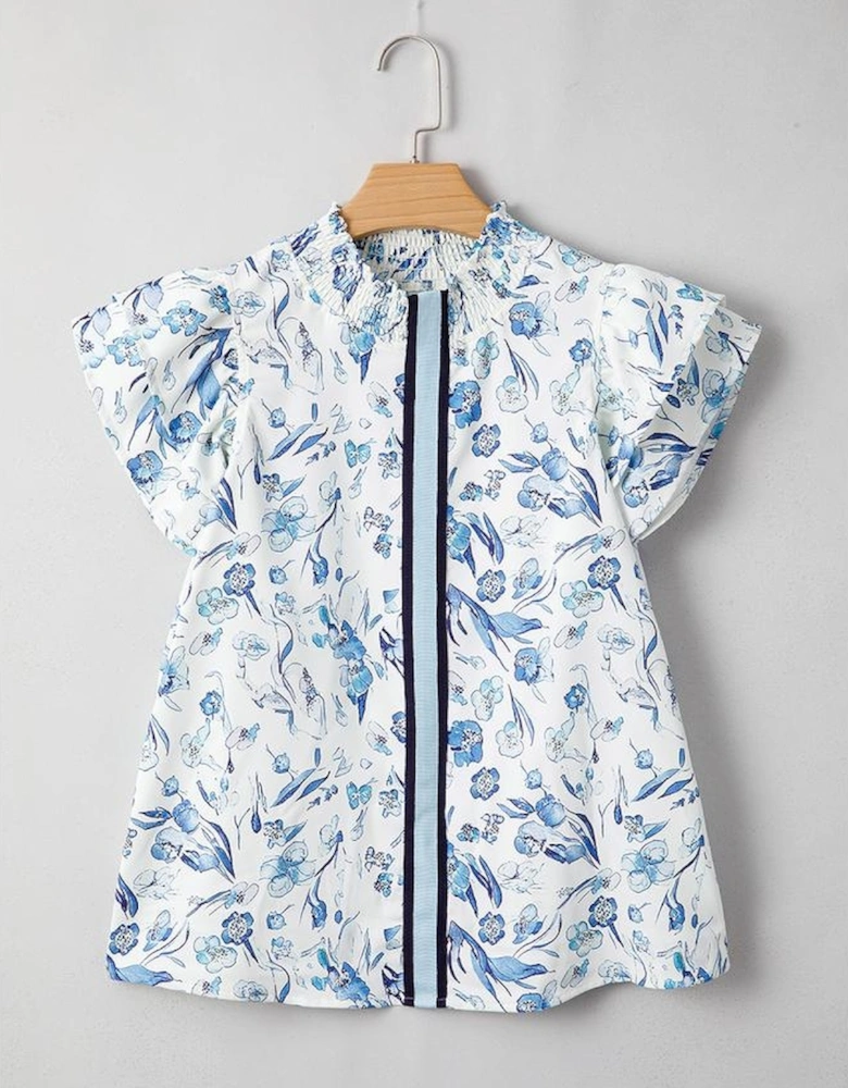Sky Blue Floral Print Ruffled Short Sleeve Blouse