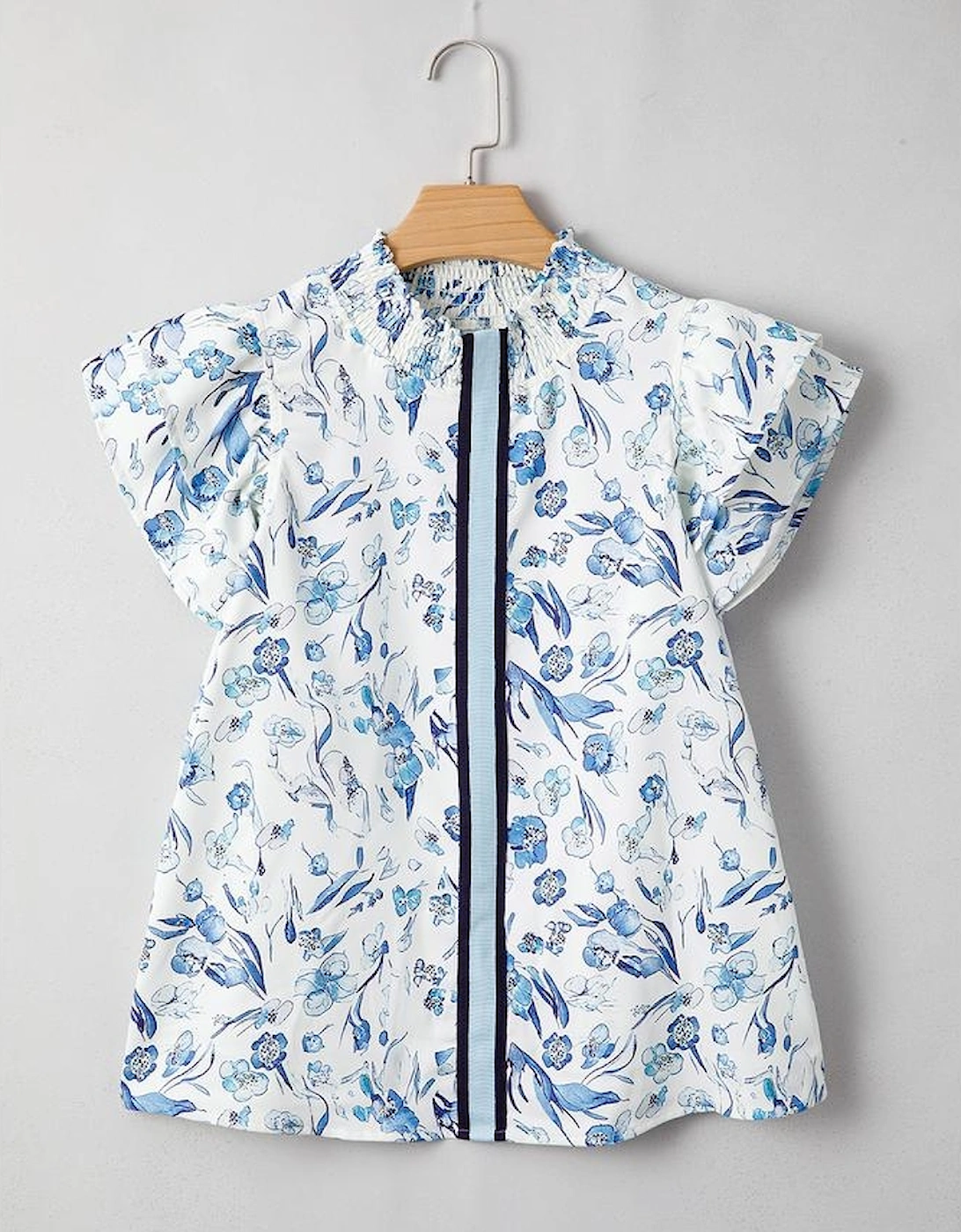 Sky Blue Floral Print Ruffled Short Sleeve Blouse