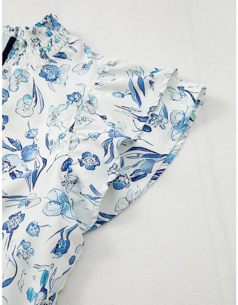 Sky Blue Floral Print Ruffled Short Sleeve Blouse