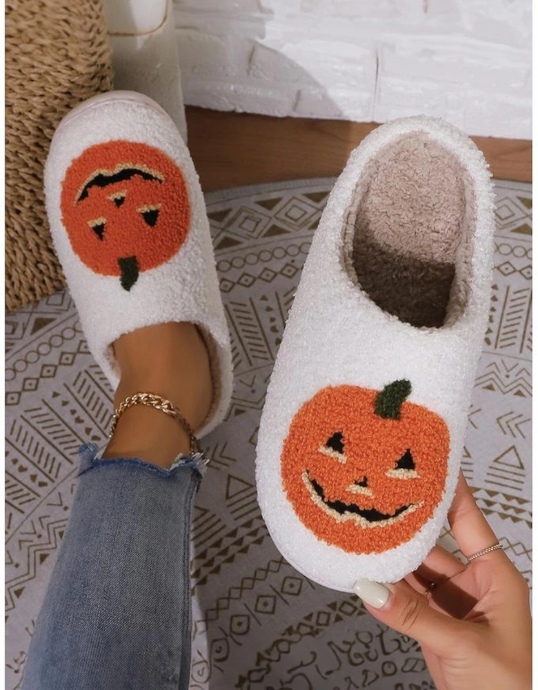 White Halloween Pumpkin Print Plush Slippers (Runs Small Size Up)