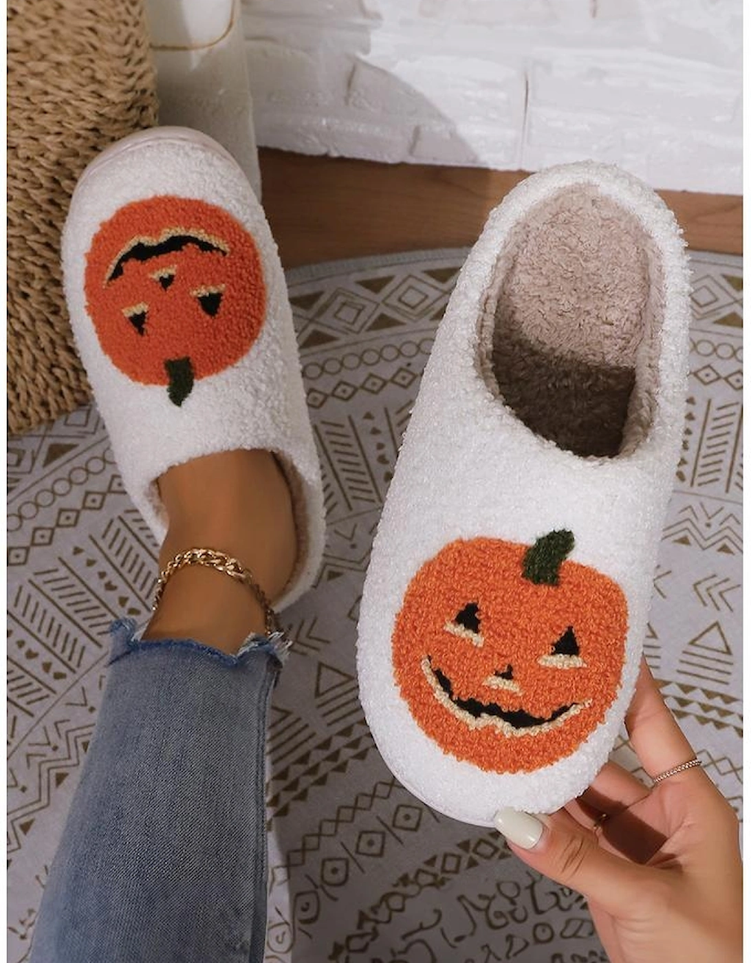White Halloween Pumpkin Print Plush Slippers (Runs Small Size Up), 12 of 11
