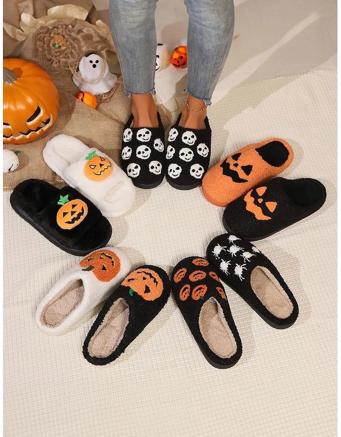 White Halloween Pumpkin Print Plush Slippers (Runs Small Size Up)