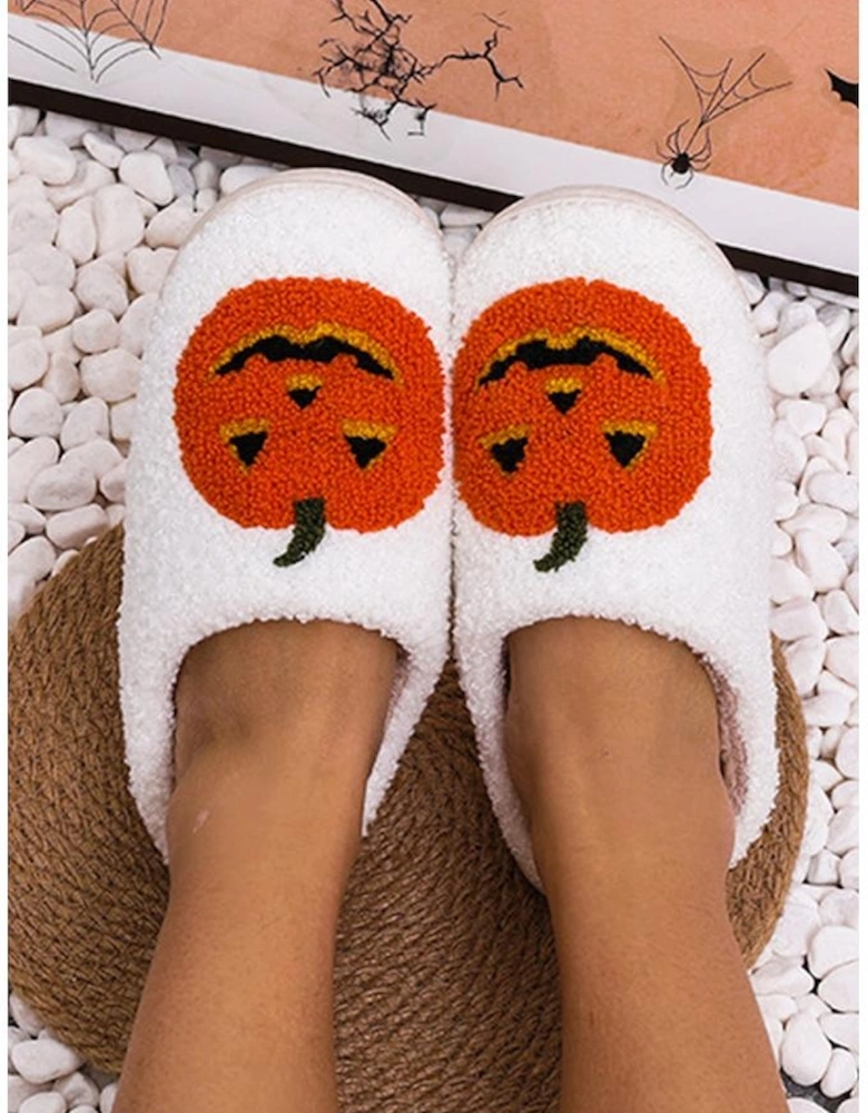 White Halloween Pumpkin Print Plush Slippers (Runs Small Size Up)