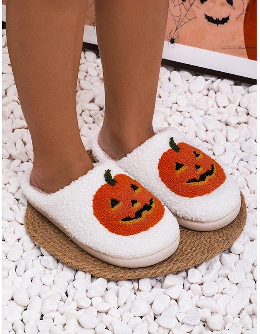 White Halloween Pumpkin Print Plush Slippers (Runs Small Size Up)