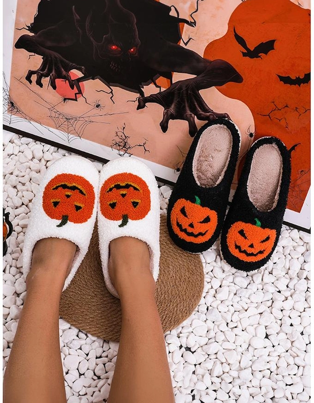 White Halloween Pumpkin Print Plush Slippers (Runs Small Size Up)