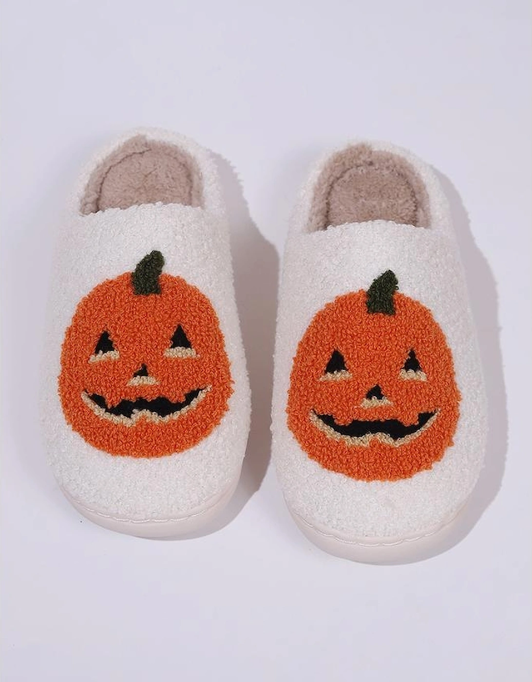 White Halloween Pumpkin Print Plush Slippers (Runs Small Size Up)