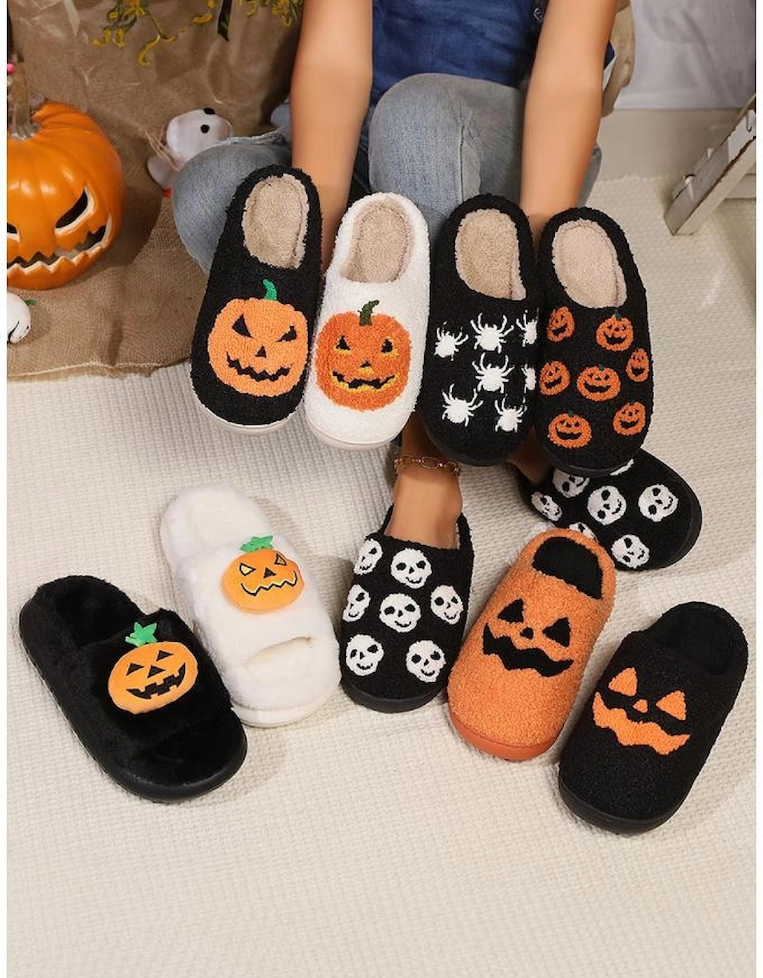 White Halloween Pumpkin Print Plush Slippers (Runs Small Size Up)