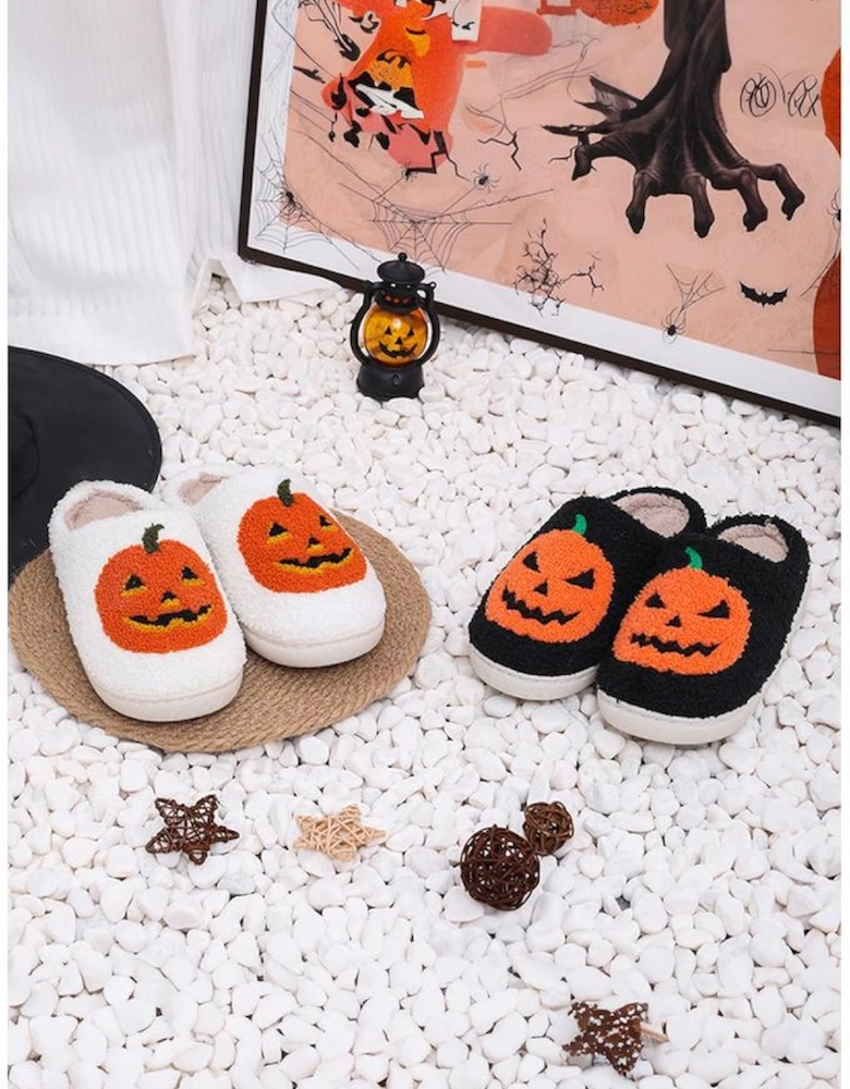 White Halloween Pumpkin Print Plush Slippers (Runs Small Size Up)