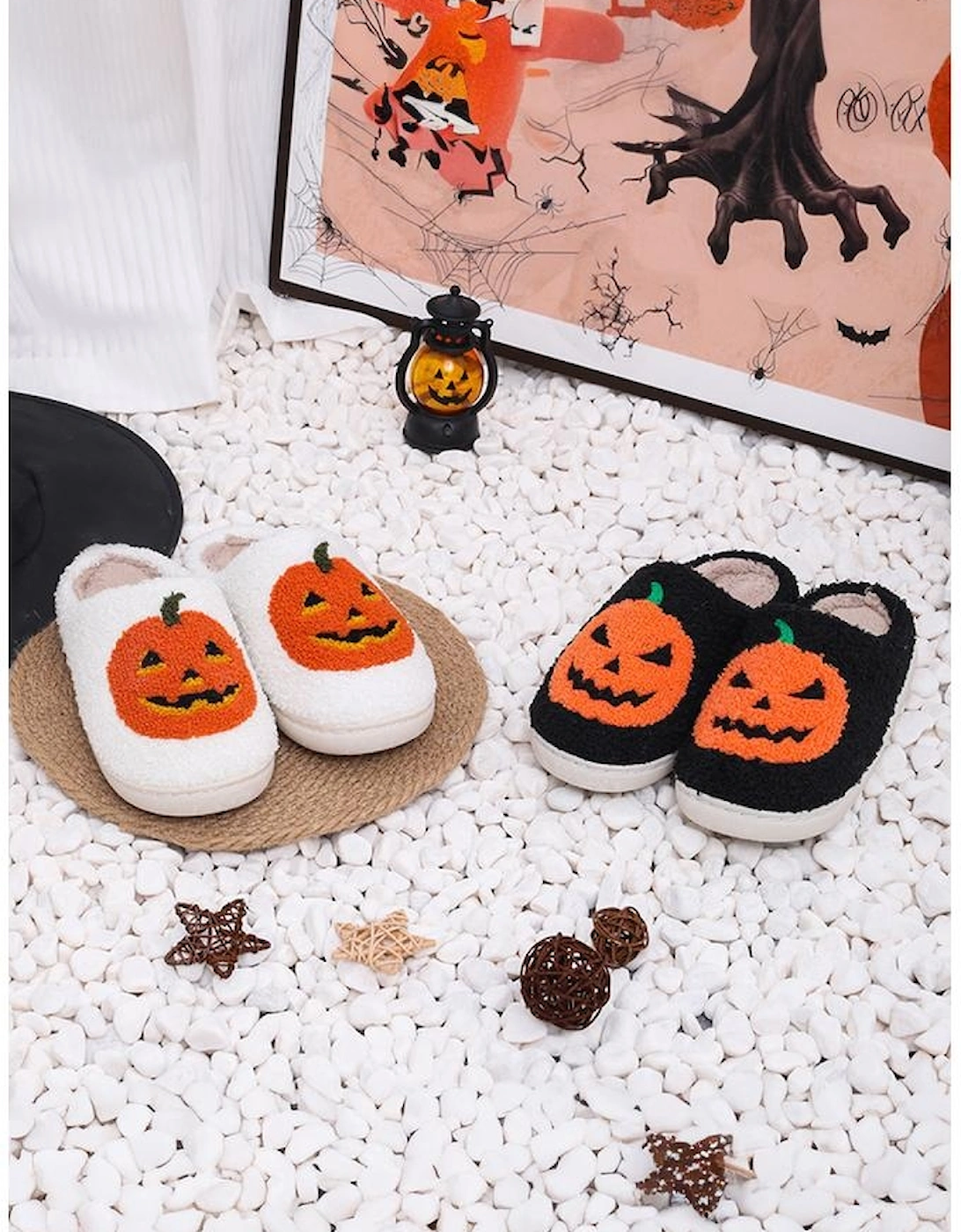 White Halloween Pumpkin Print Plush Slippers (Runs Small Size Up)