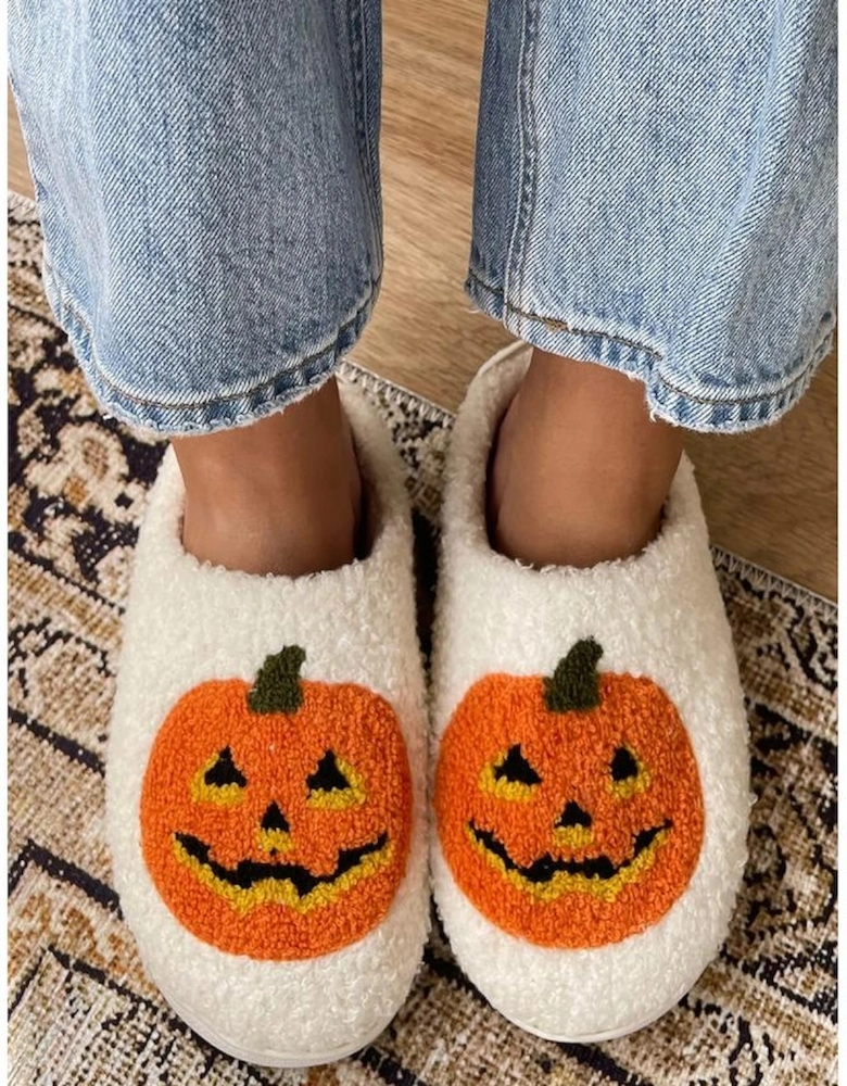 White Halloween Pumpkin Print Plush Slippers (Runs Small Size Up)