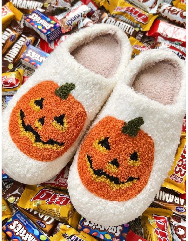White Halloween Pumpkin Print Plush Slippers (Runs Small Size Up)