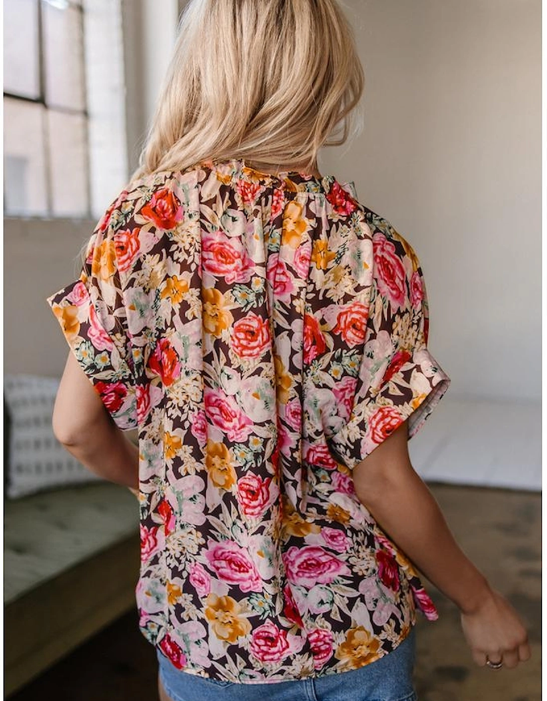 Pink Floral Print Crew Neck Short Sleeve Shift Blouse, 15 of 14