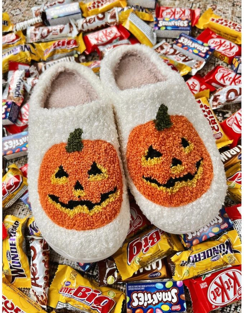 White Halloween Pumpkin Print Plush Slippers (Runs Small Size Up)