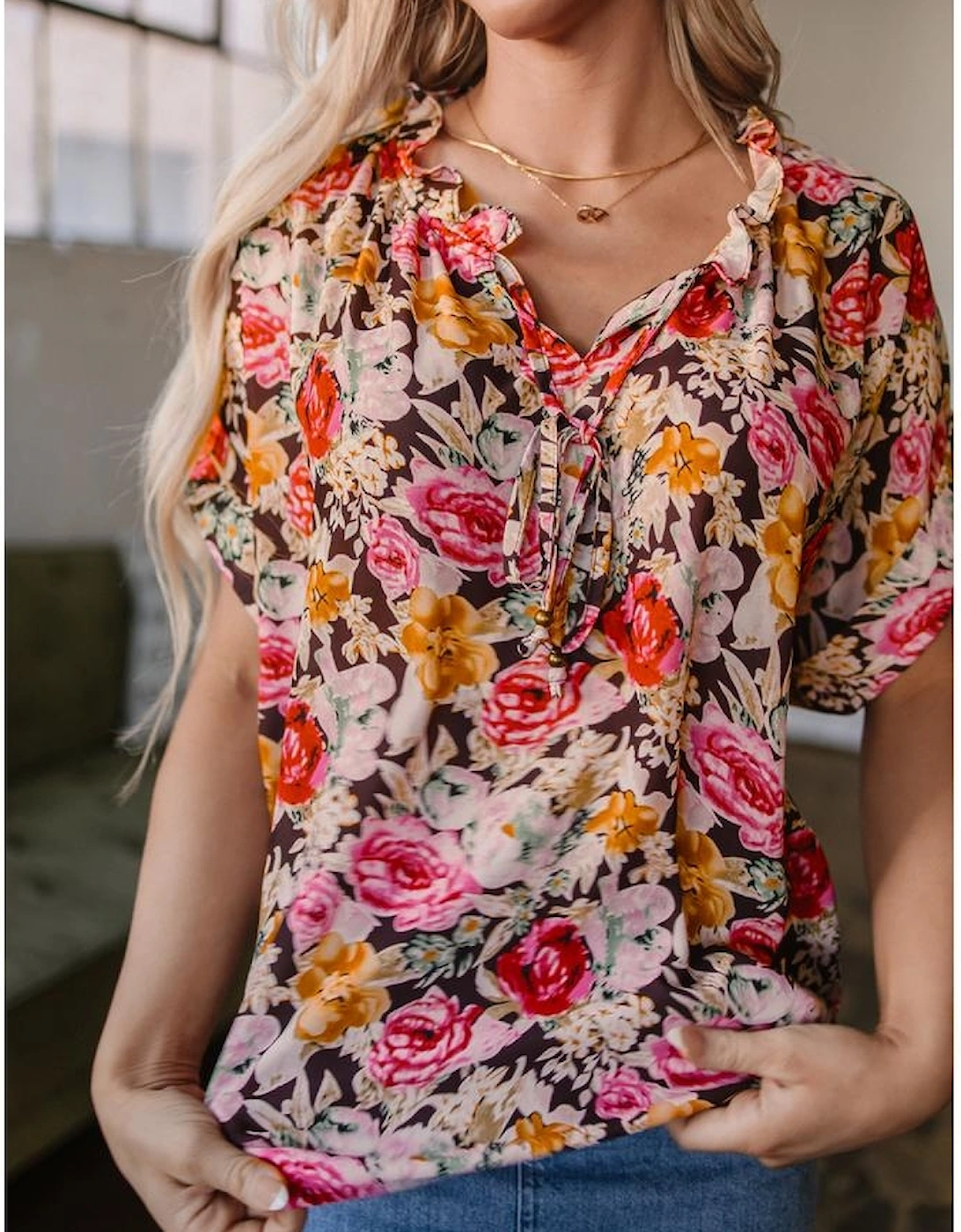 Pink Floral Print Crew Neck Short Sleeve Shift Blouse