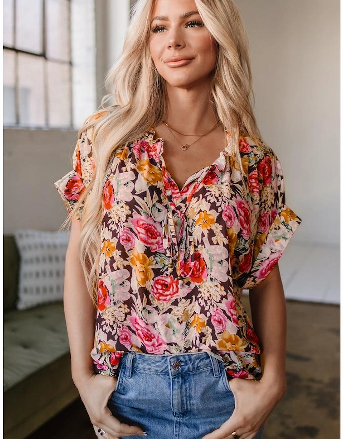 Pink Floral Print Crew Neck Short Sleeve Shift Blouse