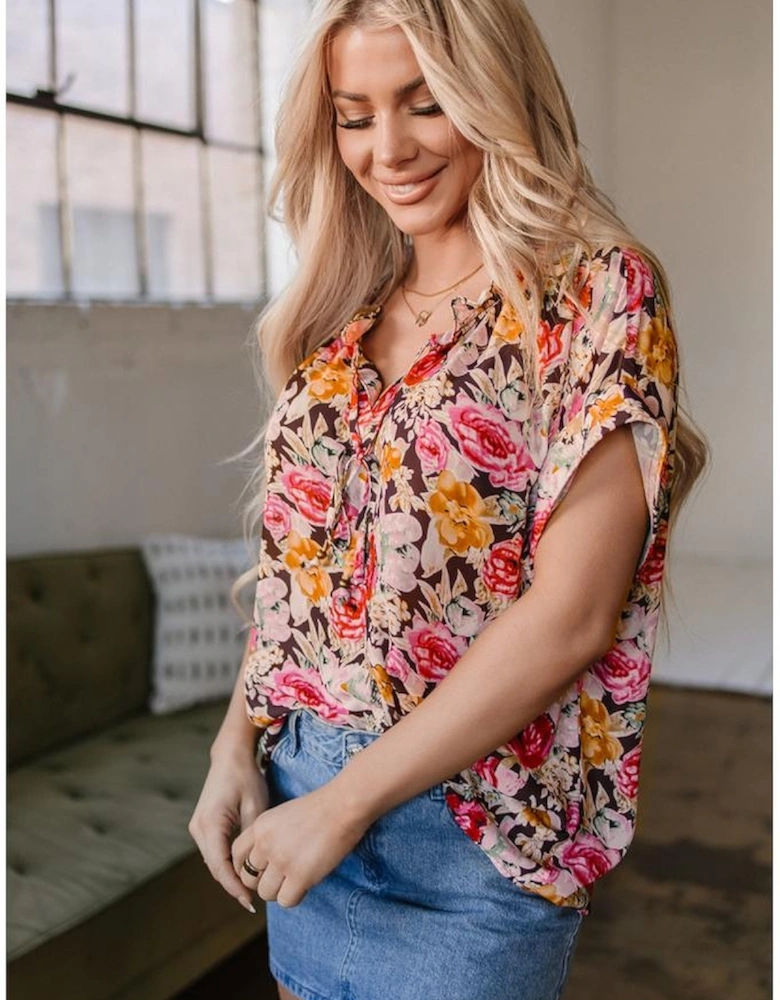 Pink Floral Print Crew Neck Short Sleeve Shift Blouse