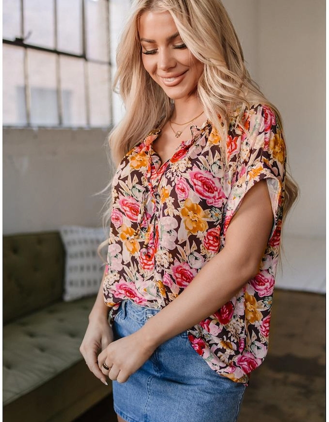 Pink Floral Print Crew Neck Short Sleeve Shift Blouse