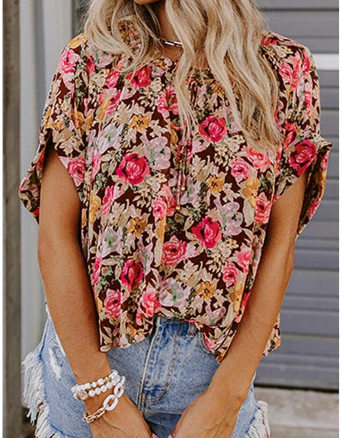 Pink Floral Print Crew Neck Short Sleeve Shift Blouse